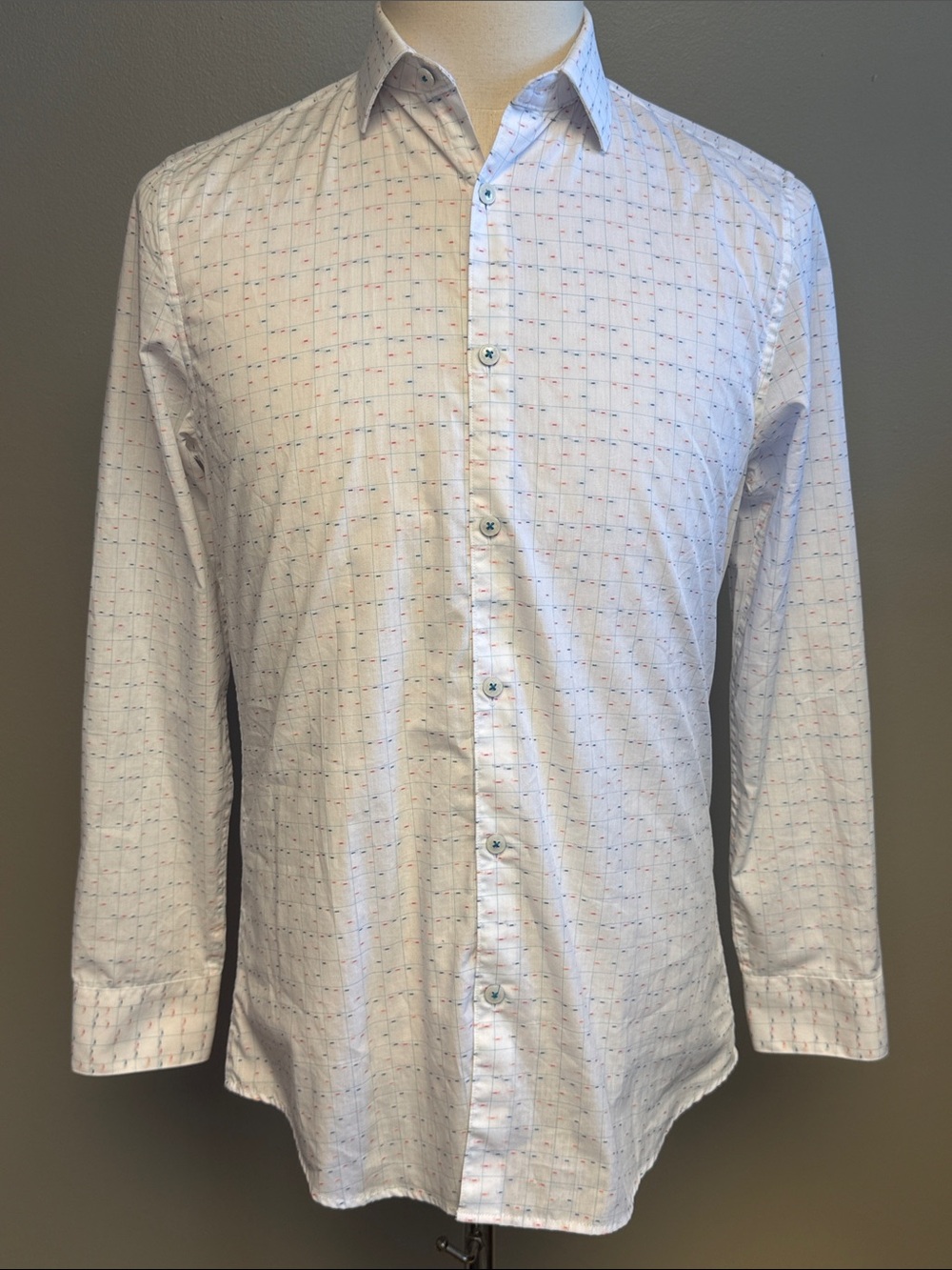 Original Penguin Heritage Slim Fit Men’s White Grid Print Shirt 14.5 32/33